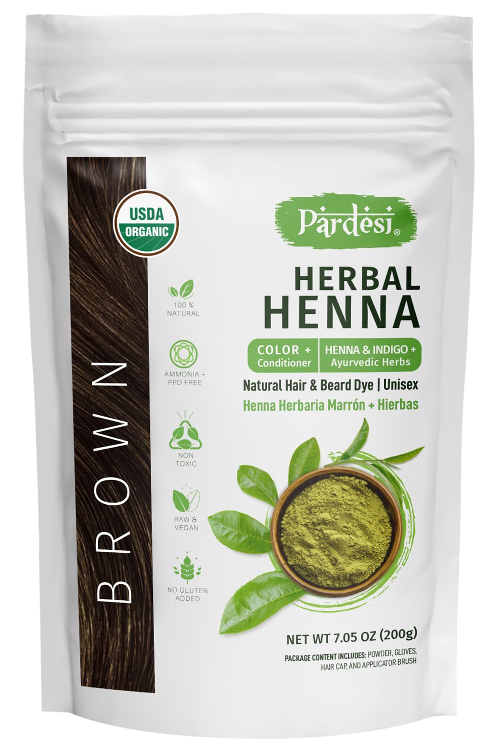 Pardesi USDA Certified Organic Henna Hair Color – Brown – 200g (7.05 oz) | Natural Hair & Beard Dye for Men & Women | PPD & Ammonia Free | Includes Gloves, Cap & Applicator | Made in India