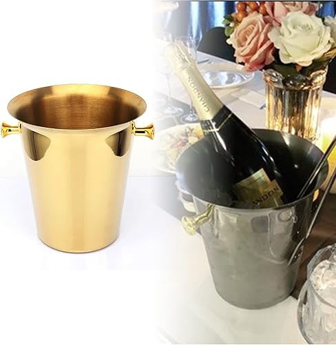 Miniatura 2 de Fetcoi Cubo de hielo dorado de titanio con soporte, cubo de hielo de acero inoxidable, enfriador de contenedores de hielo de vino champán, cubo de