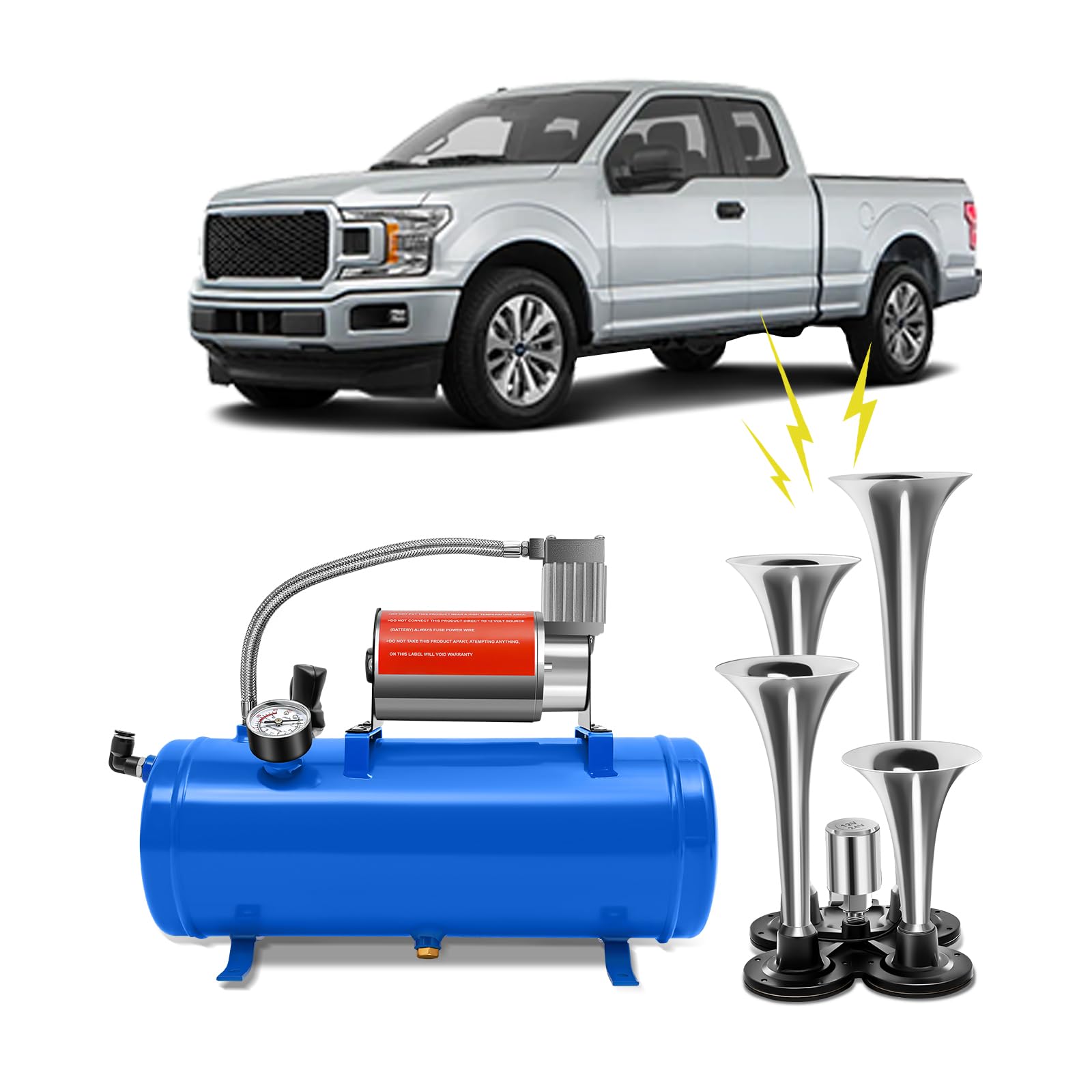 Compressore d'aria da 150 dB, 12 V, 4 Trumpet Train Air Horn Kit e compressore d'aria da 150 PSI con serbatoio da 6 l, per auto, camion, treno, furgoni, barche, blu
