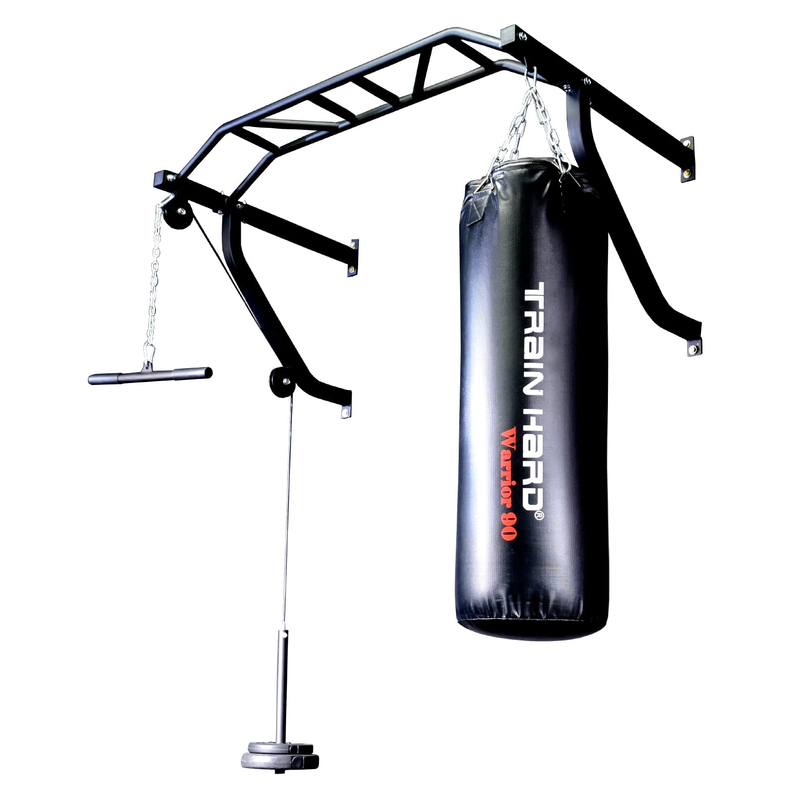 TrainHard® Wielofunkcyjny drążek do podciągania na ścianie z podciąganiem i uchwytem na worek bokserski/opcjonalnie: worek bokserski 80 cm do 130 cm (bez krążków do hantli!)
