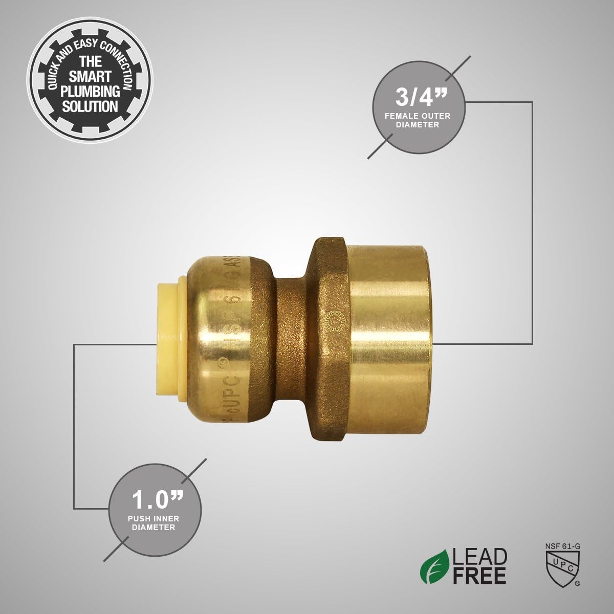 Everflow Supplies Pushlock UPFC134 1 Inch x 3/4 Inch Long Push X Female Adapter Push-Fit Fittings, Made with No Lead DZR Forged Brass, Connect PEX, CPVC & Copper, Pre-Lubricated Quick Installation