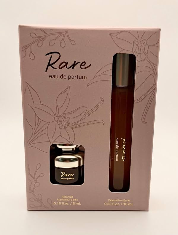 Set de Eau de Parfum Rare – Aroma Cálido y Especiado de Vainilla y Jengibre con Notas de Sándalo y Almizcle, Spray de 10mL + Rollerball de 5mL Especiado 0.49 Fl Oz (Pack de 1)