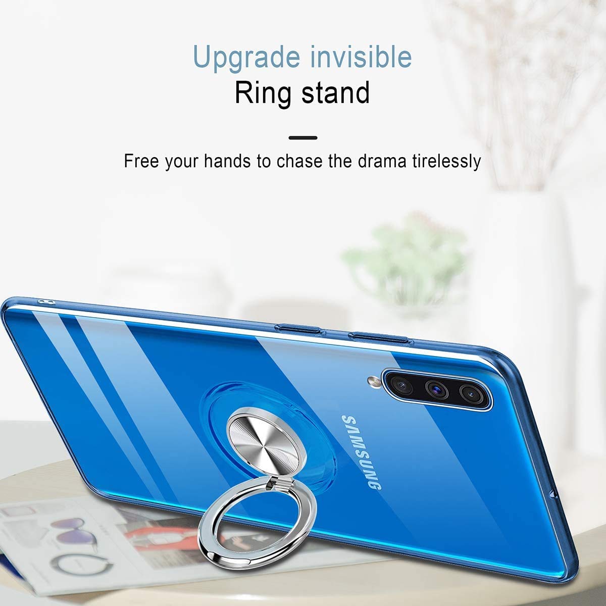 Funda Samsung Galaxy A50 Galaxy A30S de 6,4 pulgadas con anillo, carcasa antigolpes transparente de silicona suave TPU flexible, soporte para coche magnético – Transparente