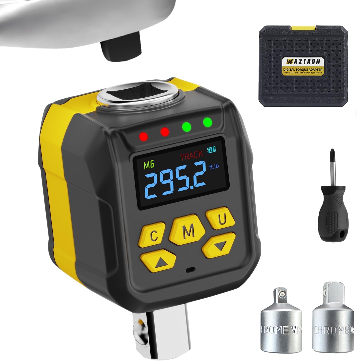 Digital Torque Wrench Adapter 1/2" Drive, 15-295 ft-lb (20-400 Nm), Buzzer & LED Alert, ±2% Accuracy Torque Calibration Tool with 1/4" & 3/8" Adapters, for Automotive, Car, Motorcycle