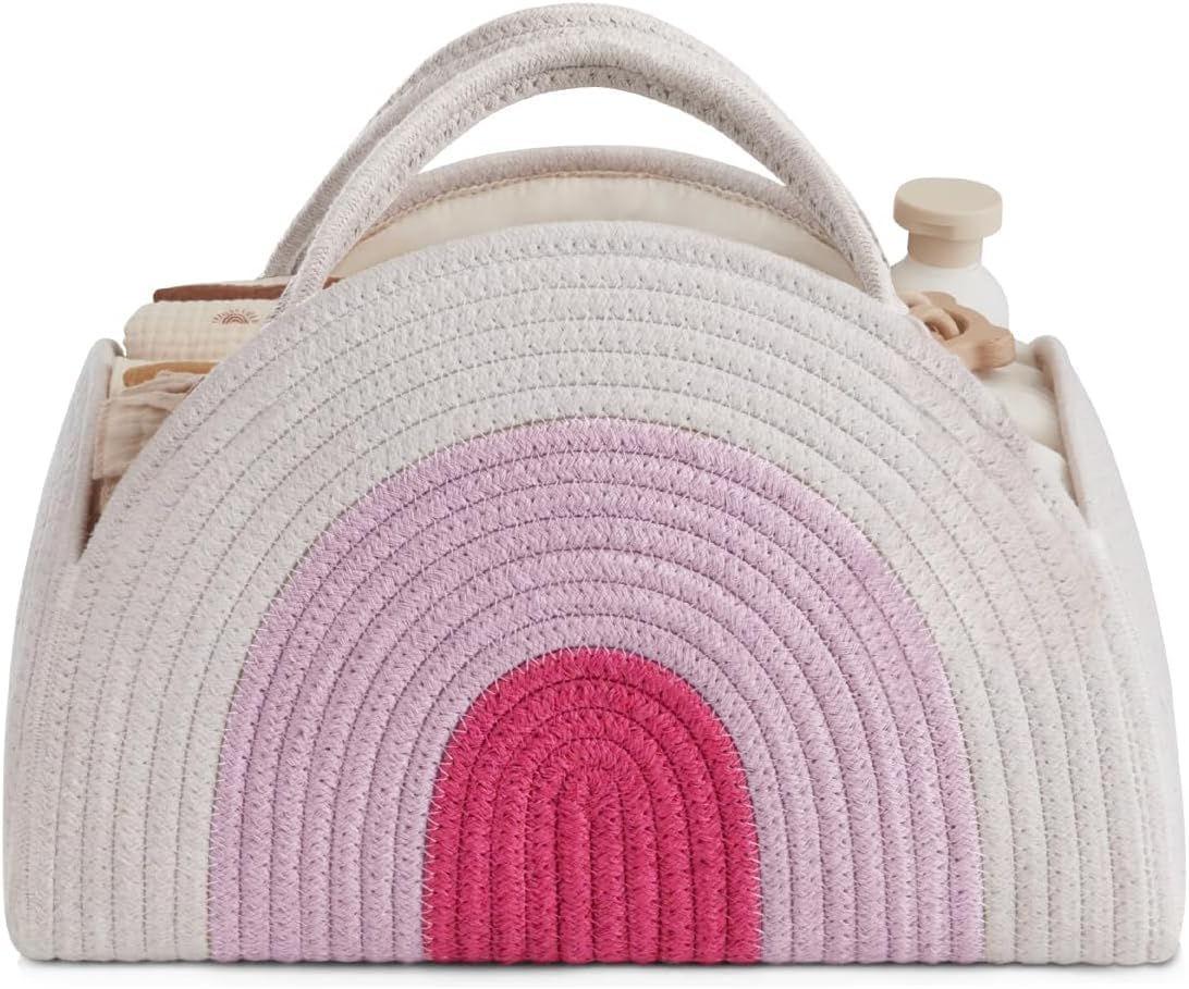 Zhuiyiwin Rainbow Pink Nappy Caddy Organiser, Nursery Storage, Newborn Essentials For Diaper Caddy With Detachable Compartments, Baby Essentials For Newborn, Cotton Woven Rope Nappy Organiser (Rainbow Pink)