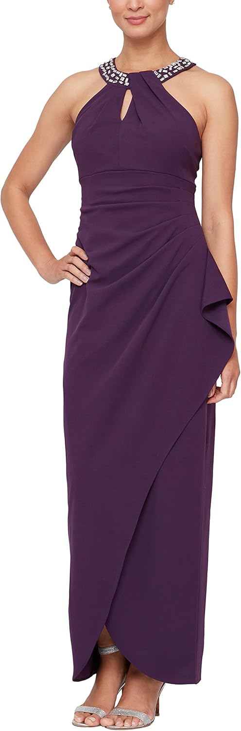 S.L. Fashions Womens Long Cocktail Dress with Embellished Halter Neckline, Wedding Guest, Party (Petite and Regular Sizes)