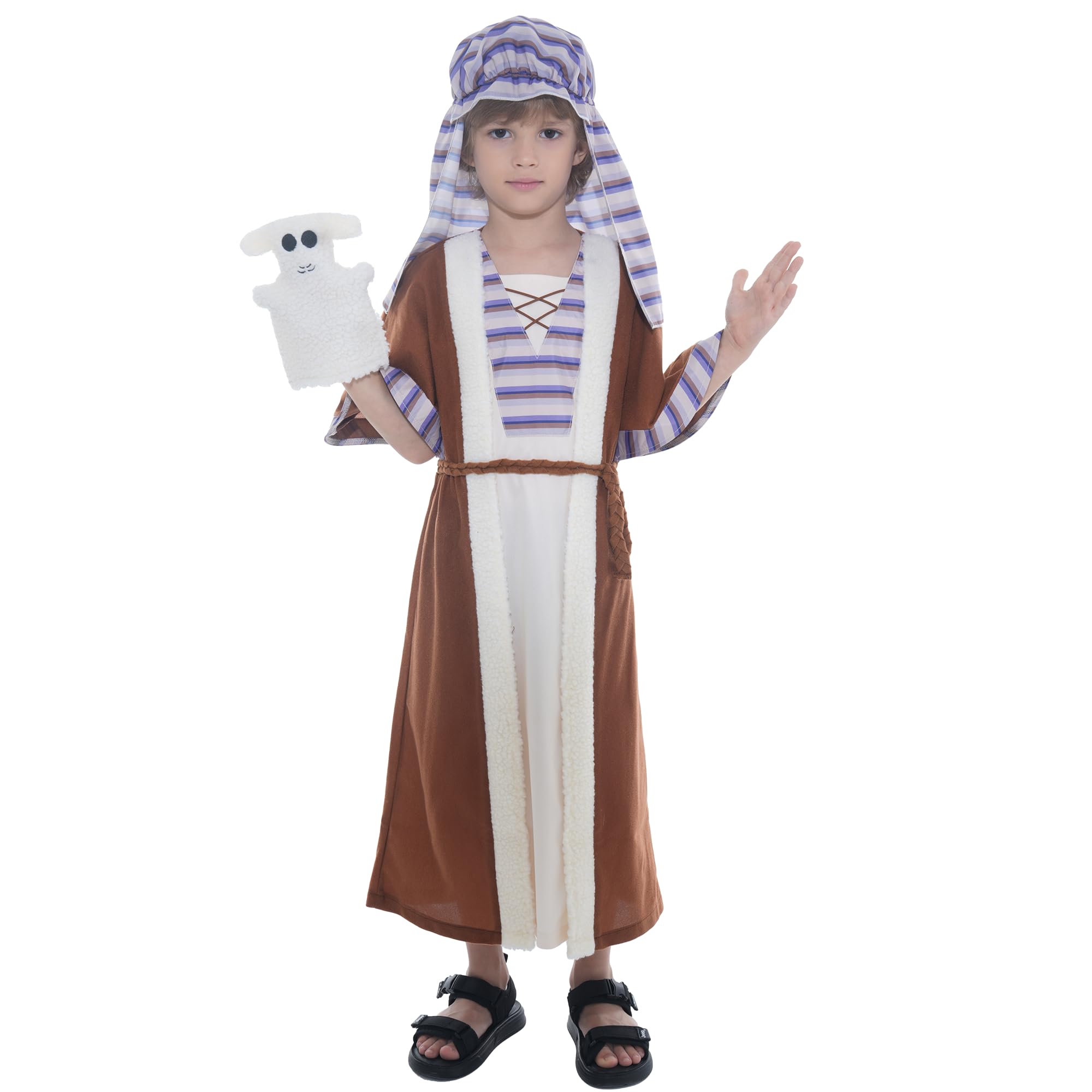 Sincere Party Stripe Shepherd Costume with Puppy for Kids Nativity Xmas Costume Joseph Innkeeper Fancy Dress 4-6 years