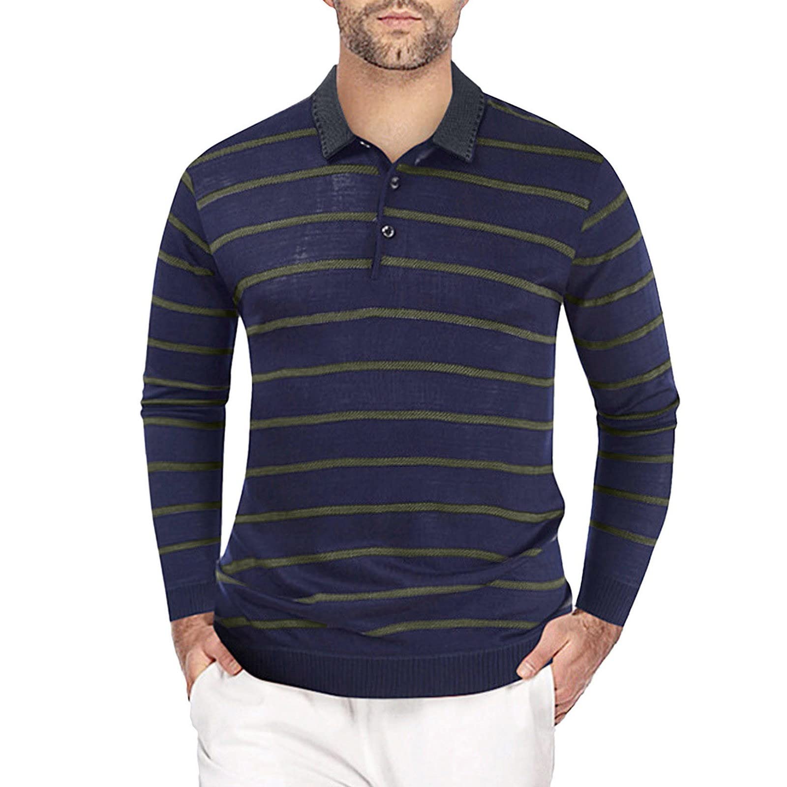 generisch Polo básico de manga larga para hombre, de algodón, a rayas, para golf, jersey de lana, cuello de polo, cuello de pico, jersey de invierno, jersey de lana, jersey de punto fino, camiseta de manga