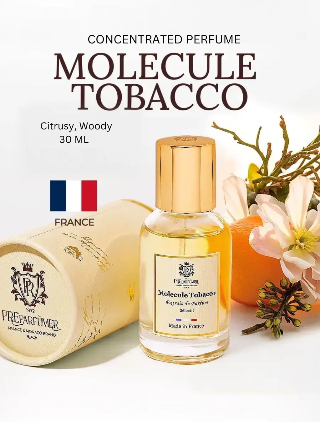 PREparfume From France Molecule Tobacco 30ml – Citrus Woody Amber Scent From France – Luxury Fragrance with Mandarin, Saffron – Long Lasting Perfume With Frankincense and Amber Notes