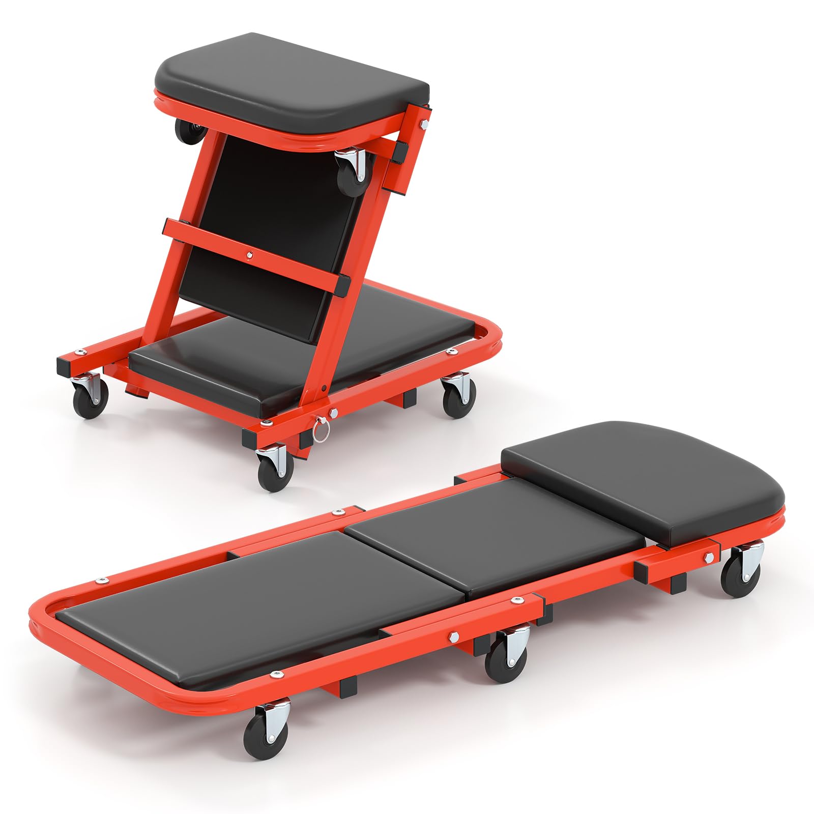 COSTWAY 2 in 1 Sgabello da Officina a Forma di Z, Carrello Meccanico sotto Auto con Sedile Imbottito e Ruote Girevoli a 360°, Portata 160 kg, per Garage e Officina (Nero)