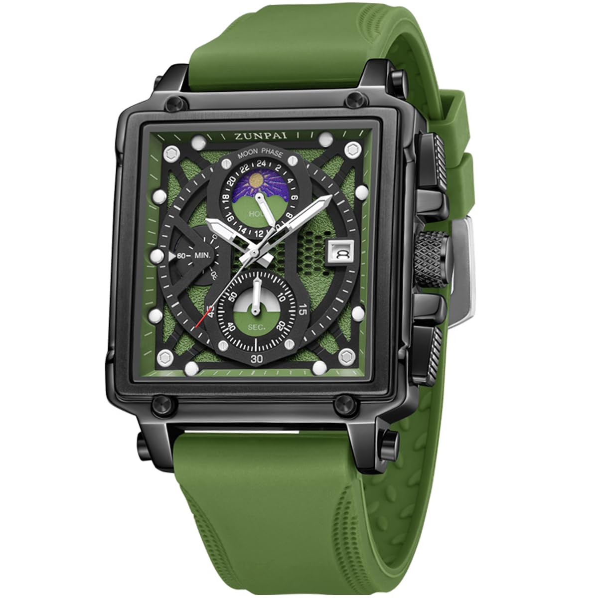 ZUNPAI Moon Phase Watch for Men Multifunction Chronograph Dial Analog Quartz Square Wristwatch Business Dress Watch with Luminous Waterproof Calendar Silicone Strap-image-20