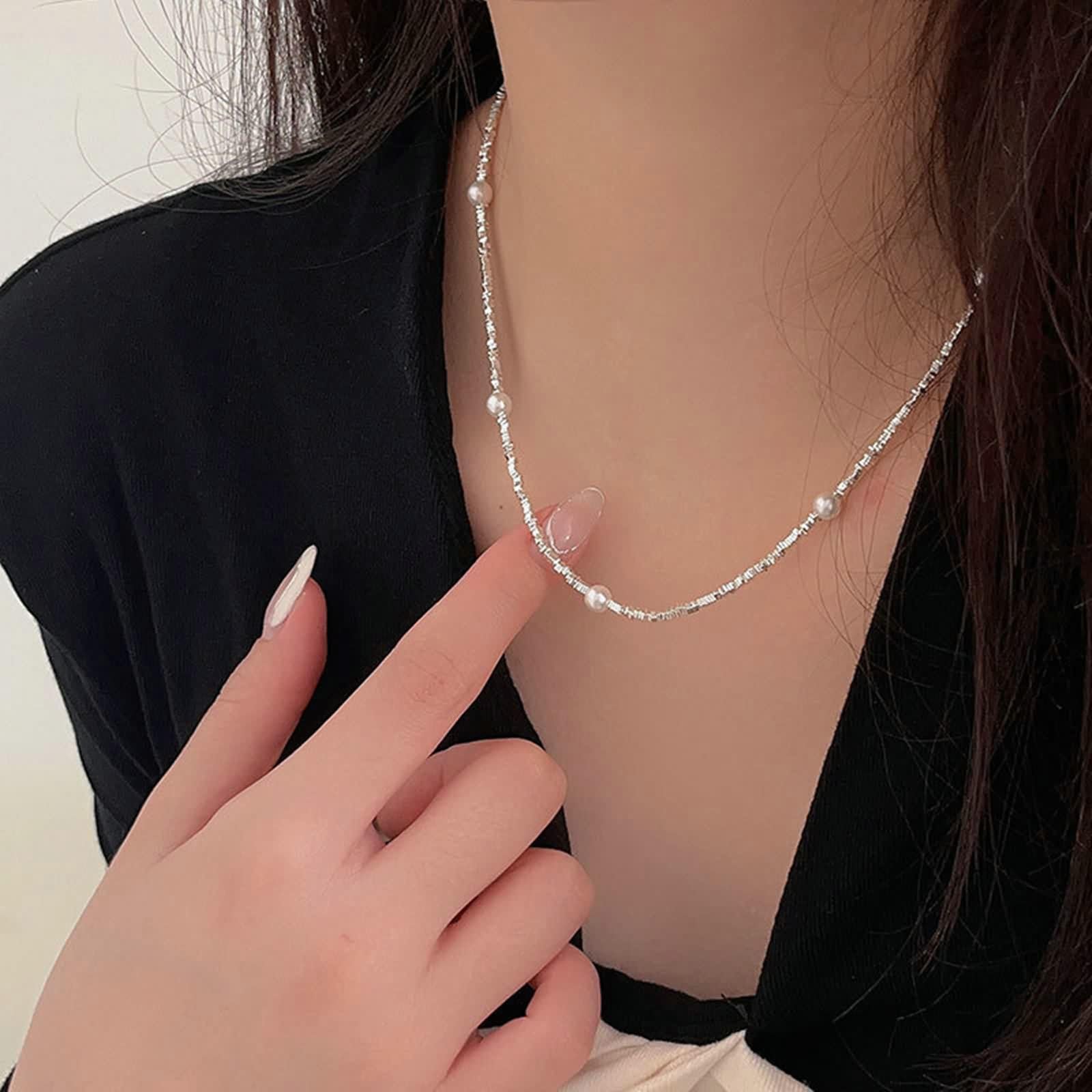 Collar largo de cadena de perlas de plata de ley 925 con forma redonda para cumpleaños, Perla