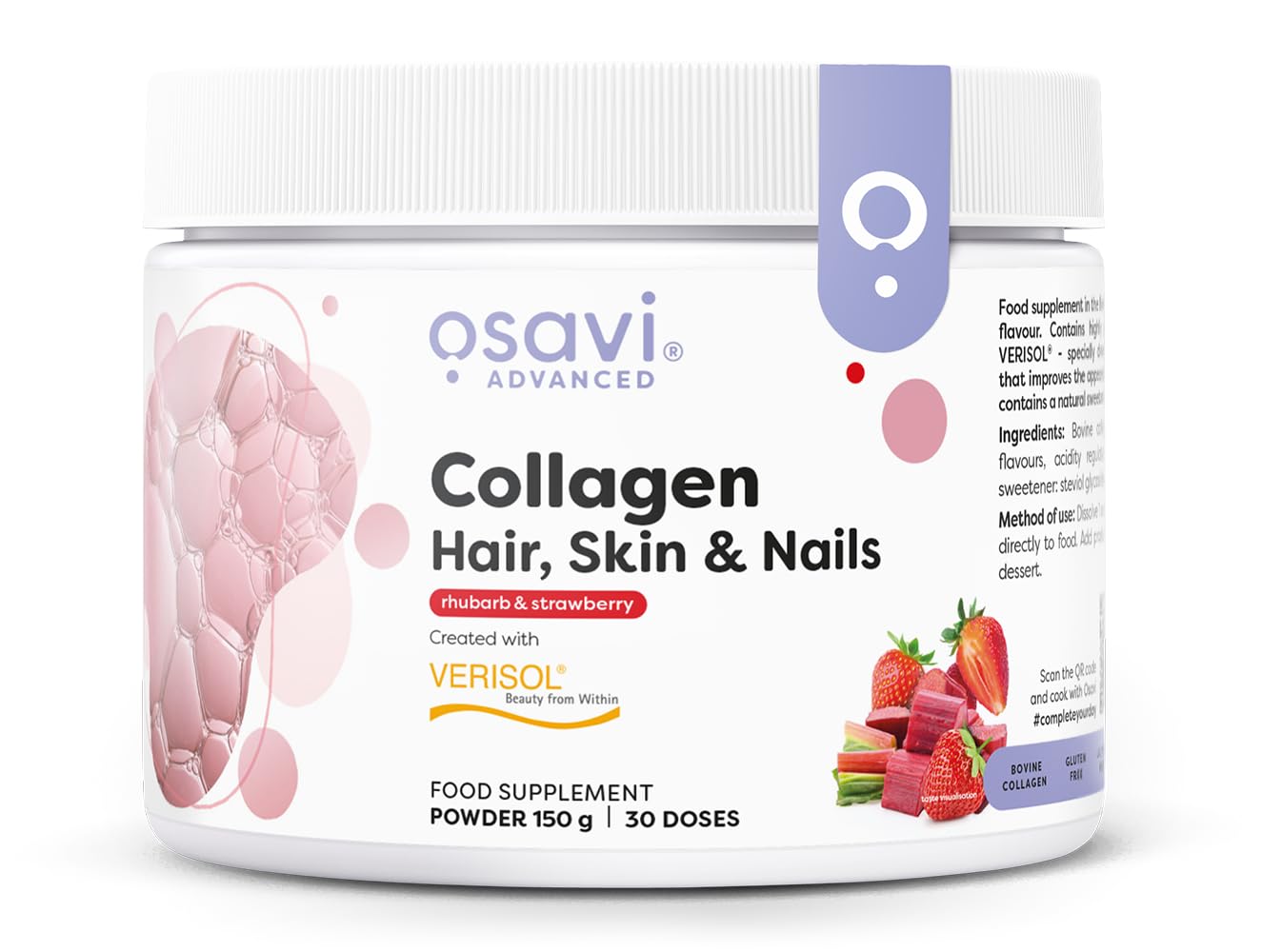 Osavi Collagen Hair, Skin & Nails – 150 g Powder | 30 Doses | Rhubarb & Strawberry Flavor | VERISOL® Collagen Peptides for Hair Thickness, Skin Elasticity & Nail Strength | Reduces Wrinkles, Cellulite