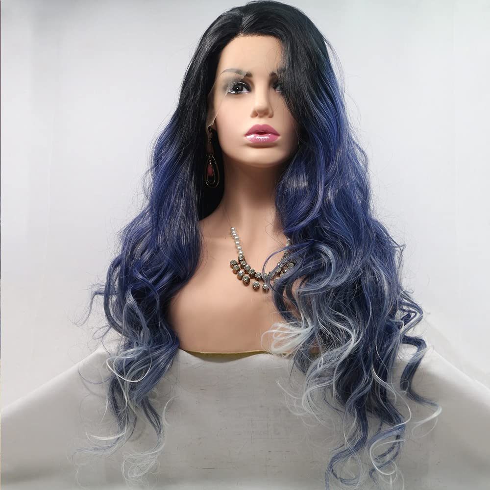 Amazon.com : Xiweiya Blonde and Blue Wavy Wig Synthetic Lace Front Wigs  wavy Dark root Heat Resistant Fiber long wavy Hair wig Ombre blonde Body  Wave Hair Wigs For Women 24inch (blue) :