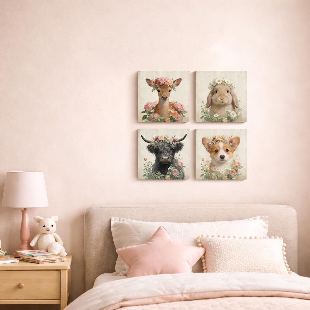 Cute Animal Canvas Wall Art Set of 4, Floral Farm Animal Nursery Wall Decor, Deer Bunny Cow Dog Canvas Prints, 12x12 Inch Farmhouse Animal Artwork for Baby Kids Room Bedroom, Ready to Hang (Apricot)