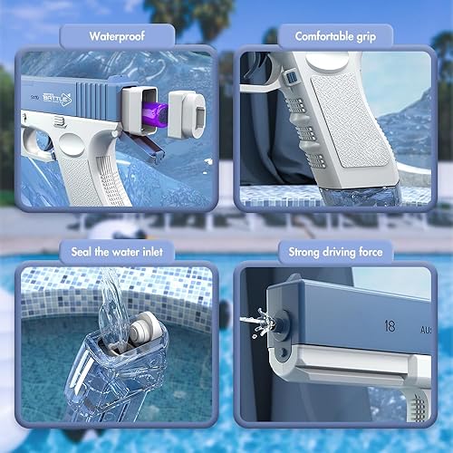 Miniatura 5 de Pistolas de agua eléctricas, pistolas automáticas para niños y adultos, potente pistola de agua de hasta 32 pies, pistola de agua de gran capacidad,