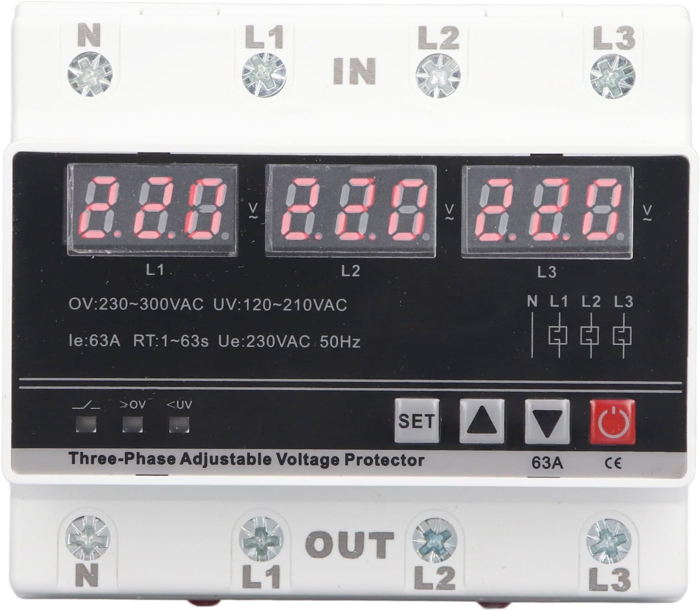Respicefinem Adjustable Protector Over Under Voltage Current Protection Device DIN Rail Mount AC120V 300V 63A Working Quick Response