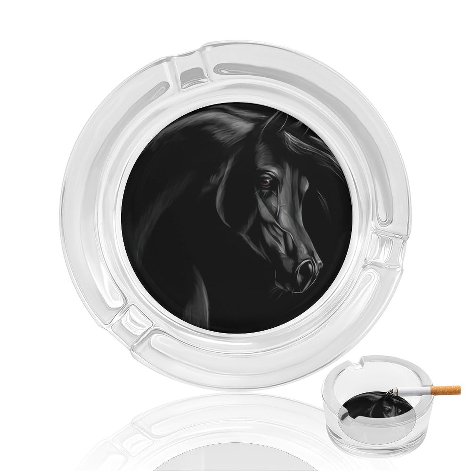 Black Arabian Horse Ashtray Portable Round Glass Outdoor Ash Tray for Home Office Garden Pub