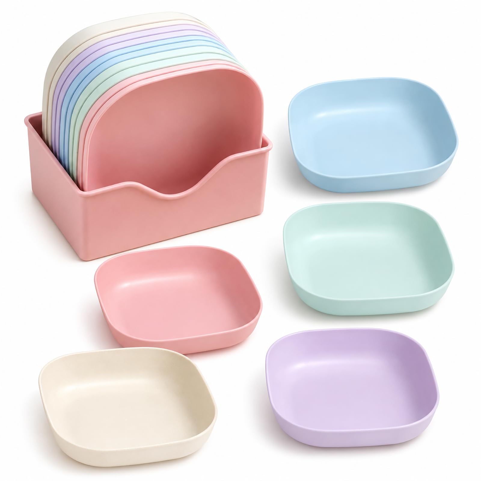10 Pcs Shallow Cat Feeding Bowls with Storage Holder, Multicolour Dishes