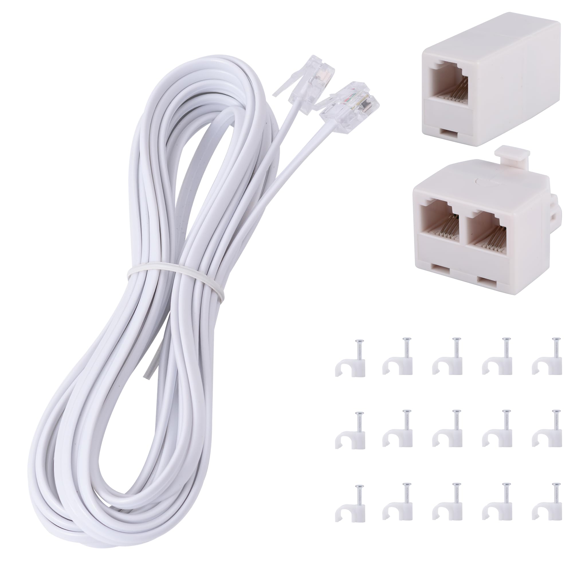 Cavo di prolunga per telefono, lungo 4,5 m, con spina RJ11 standard e accoppiatore in linea telefonico RJ11 splitter e 15 supporti per cavi, bianco