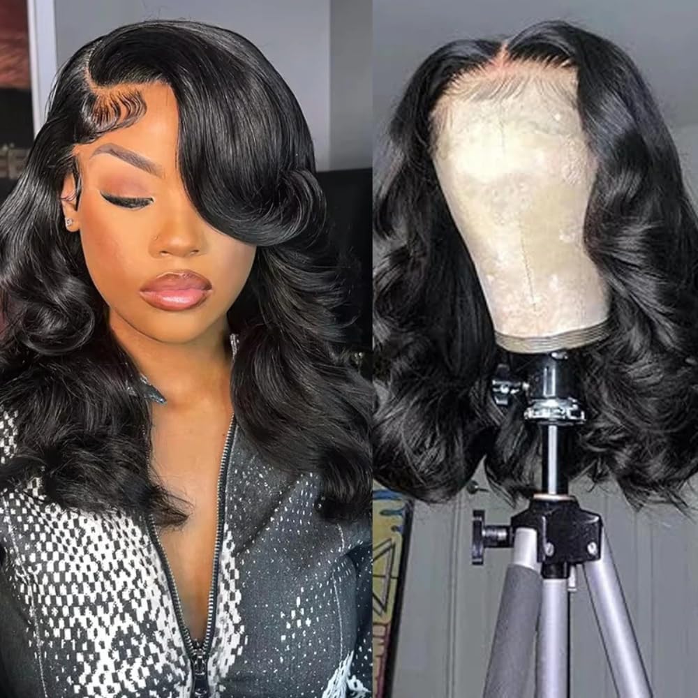 Urbansister 13x6 HD Lace Front Bob Wig Body Wave Human Hair Pre Plucked with Baby Hair Hd Transparent 16 Inch Short Bob Wig 200 Density Natural Black
