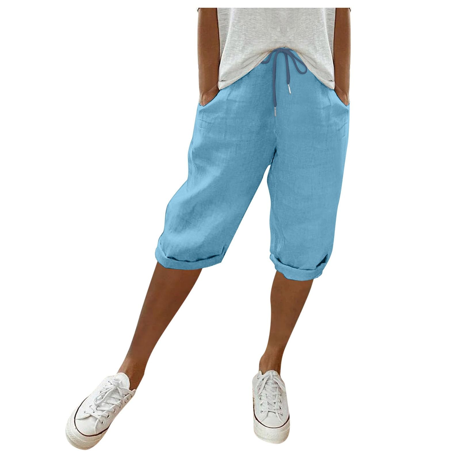 Linen Pants for Women 2025 Summer Loose Lightweight Beach Capri Pants Waist Elastic Straight Leg Lounge Casual Pant Blue M