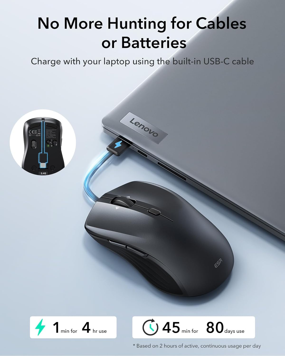 ESR MagMouse Snap-to-Carry Bluetooth Mouse, Rechargeable Wireless Mouse for Laptop with Built-in Charging Cable, Reusable Adhesive Holder, BT 5.0 + 2.4 GHz Connectivity, Silent, Ergonomic, Black