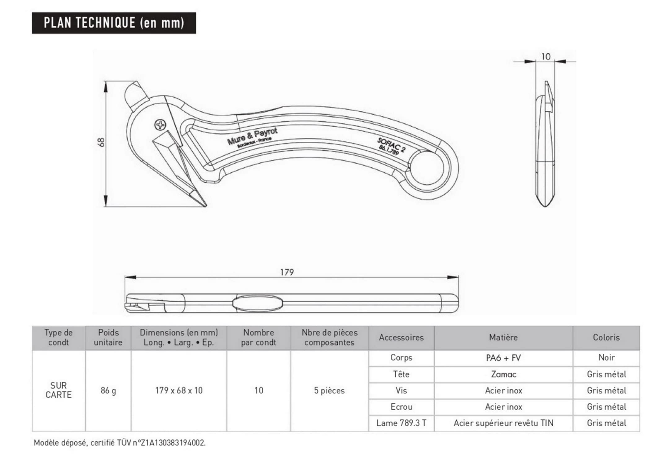 10 x SOFIAC 2: Cutter coltello gancio becco d'anatra di sicurezza professionale Mure & Peyrot. Per movimentazione, aprire cartoni, legami e imballaggi, pellicola estensibile Nessun contatto con la