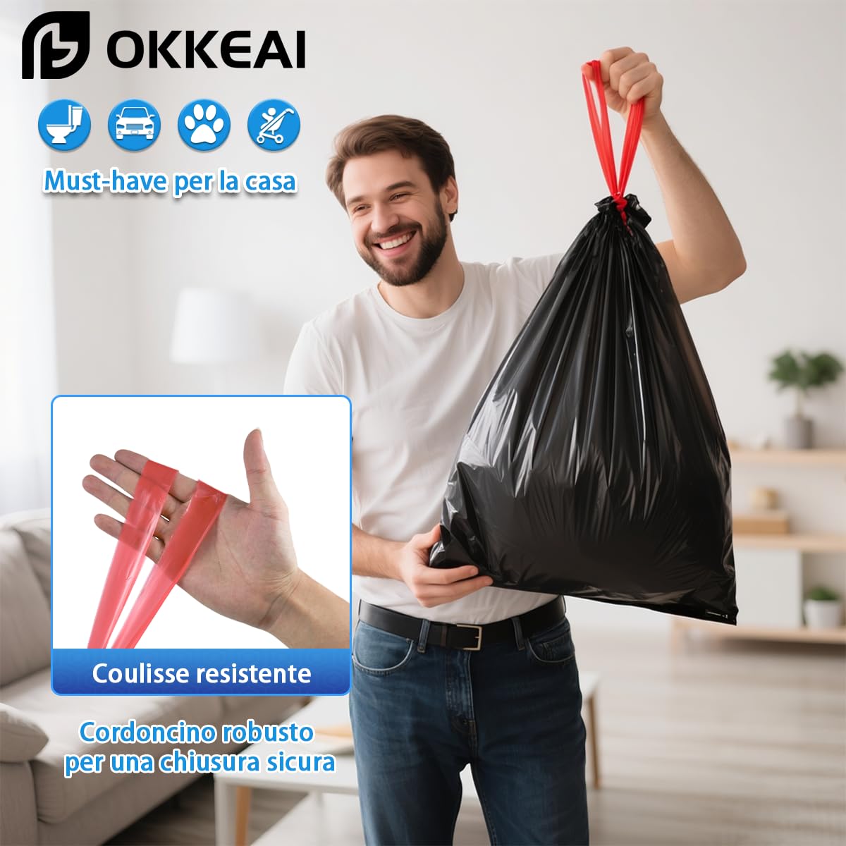 OKKEAI 60 Sacchetti Cestino con Coulisse, Buste Spazzatura 10L Neri Sacchetti Spazzatura Piccoli, Estrazione Semplice Senza Strappo, Antistrappo Anti-Perdite, Ideali per Bagno, Ufficio, Camera, Auto