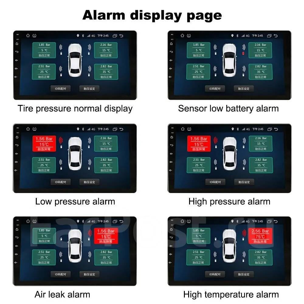 Sistema di monitoraggio della pressione dei pneumatici per auto con ricarica USB, per display di navigazione Android, strumento universale TPMS per la pressione degli pneumatici con 4 sensori