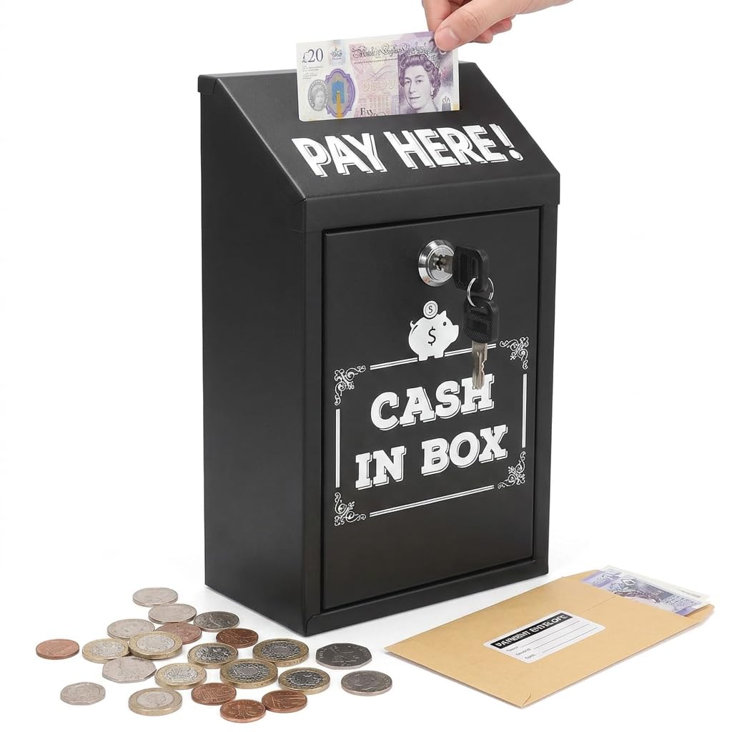 Lockable Metal Donation Box, Wall Mounted Cash Drop Box with Key