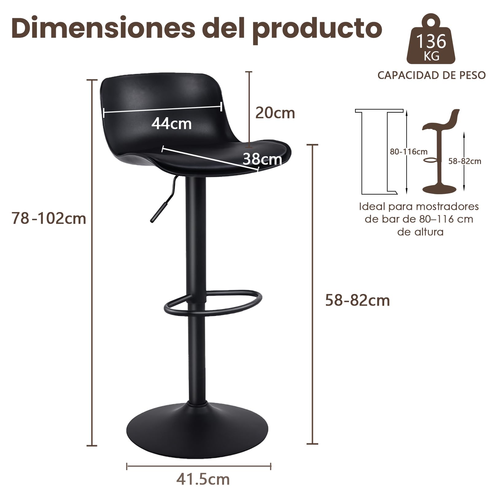Kidol & Shellder Juego de 2 taburetes de Bar con Respaldo de Altura Ajustable, Color Negro, sillas de Bar giratorias, taburetes de Cocina para Cocina y mostrador