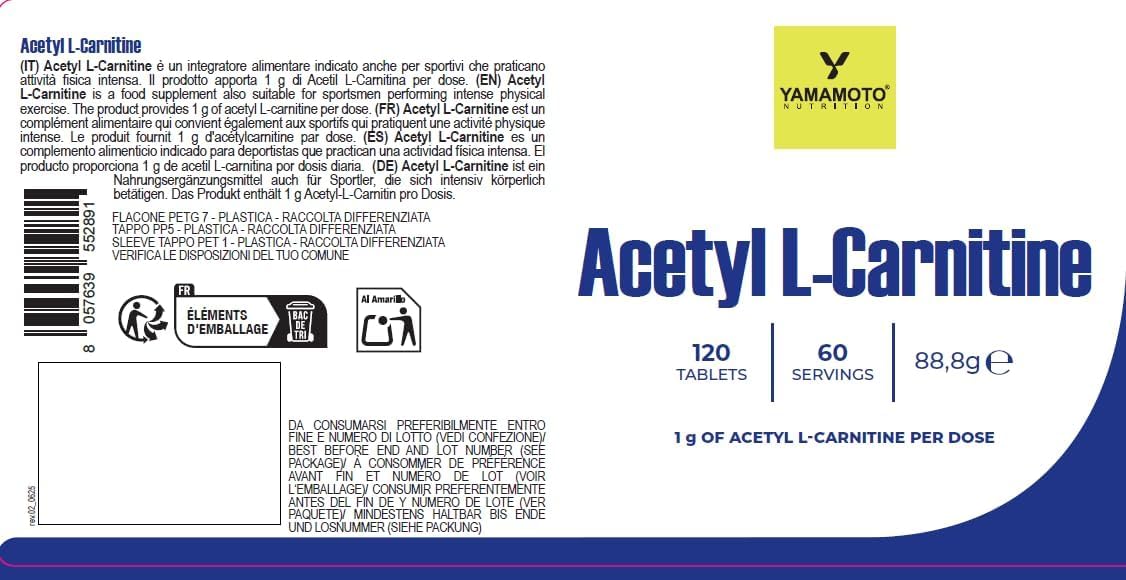 Yàmamoto Acetyl L- Carnitine, 120 compresse + H2O Prozis - acetil l - carnitina- Senza Glutine, Senza Lattosio