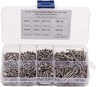 Silver M2 Nickel-Plated Carbon Steel Flat Head Self Tapping Screws (800pcs/Set), Assortment Drilling Screws with Storage Case, 4mm 5mm 6mm 8mm 10mm 12mm 16mm 20mm