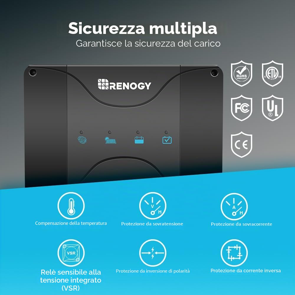 Renogy Caricabatterie da 30 A, DCDC con MPPT, regolatore di carica solare, 12 V, indipendente dalla rete, per batteria di avviamento e batteria di alimentazione, camper, roulotte