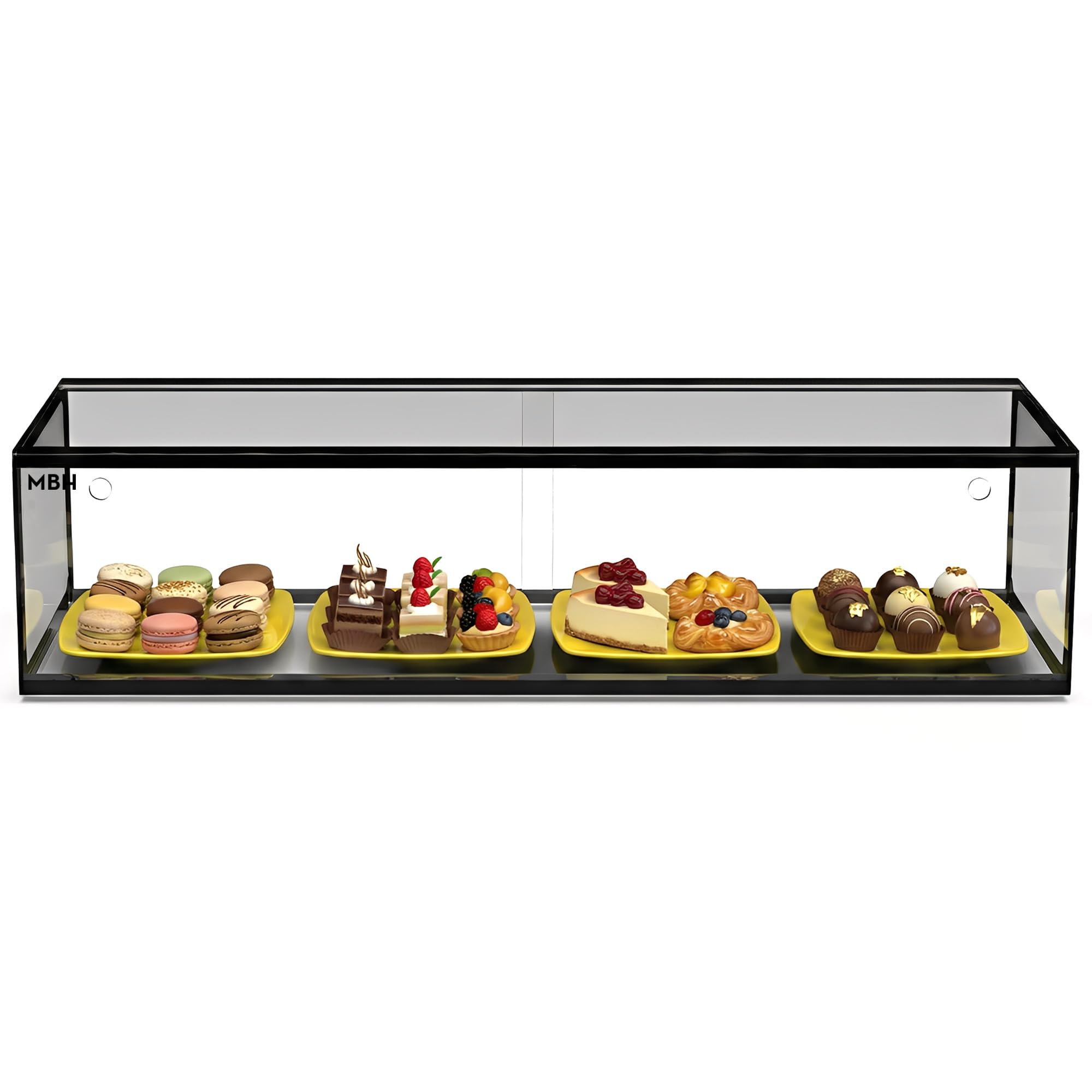 MBH - Vitrina Expositora Neutra de Sobremostrador 92x33 cm, Cristal Recto Templado, 1 Piso, sin Iluminación LED, Puertas Traseras Correderas, para Bar, Cafetería, Restaurante, Bollería y Repostería.