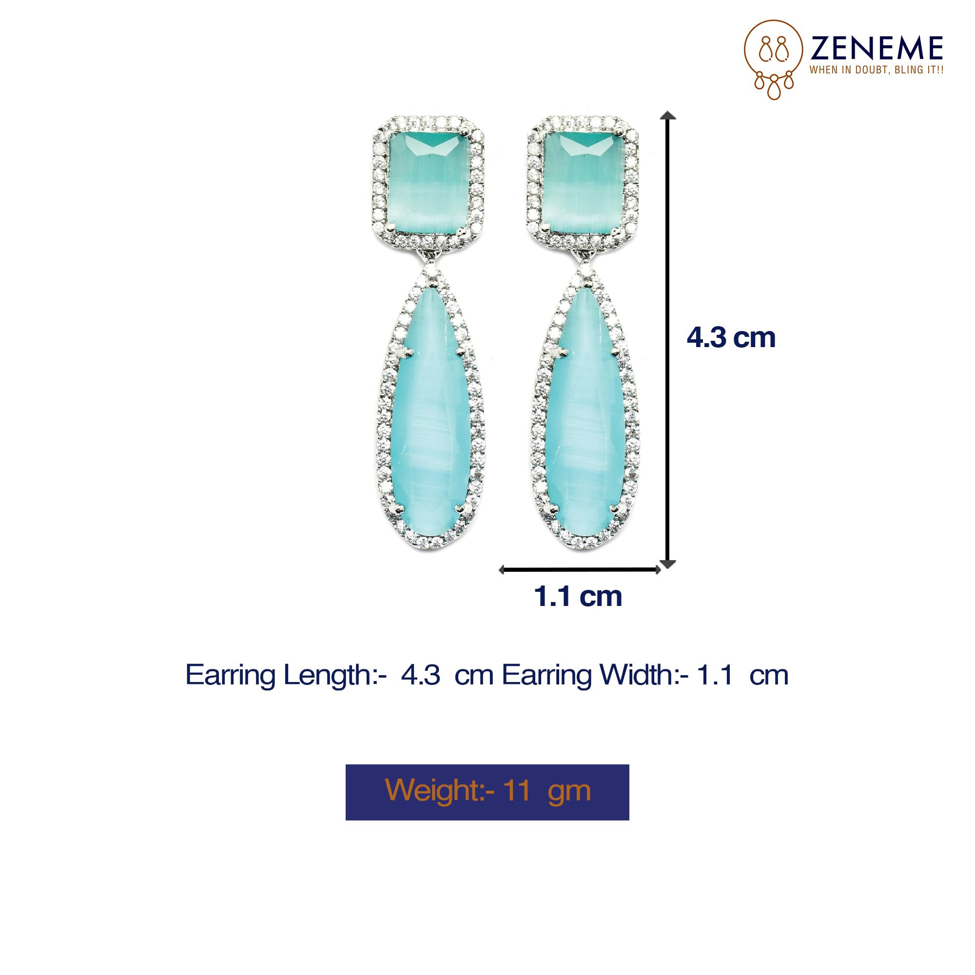 Rhodium-Plated Teardrop Drop Earrings with American Diamond Studs