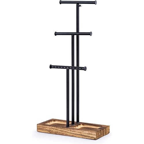 Love-KANKEI Jewelry Organizer Stand Metal & Wood Base and Large Storage Necklaces Bracelets Earrings Holder Organizer Gift Black and Carbonized Black