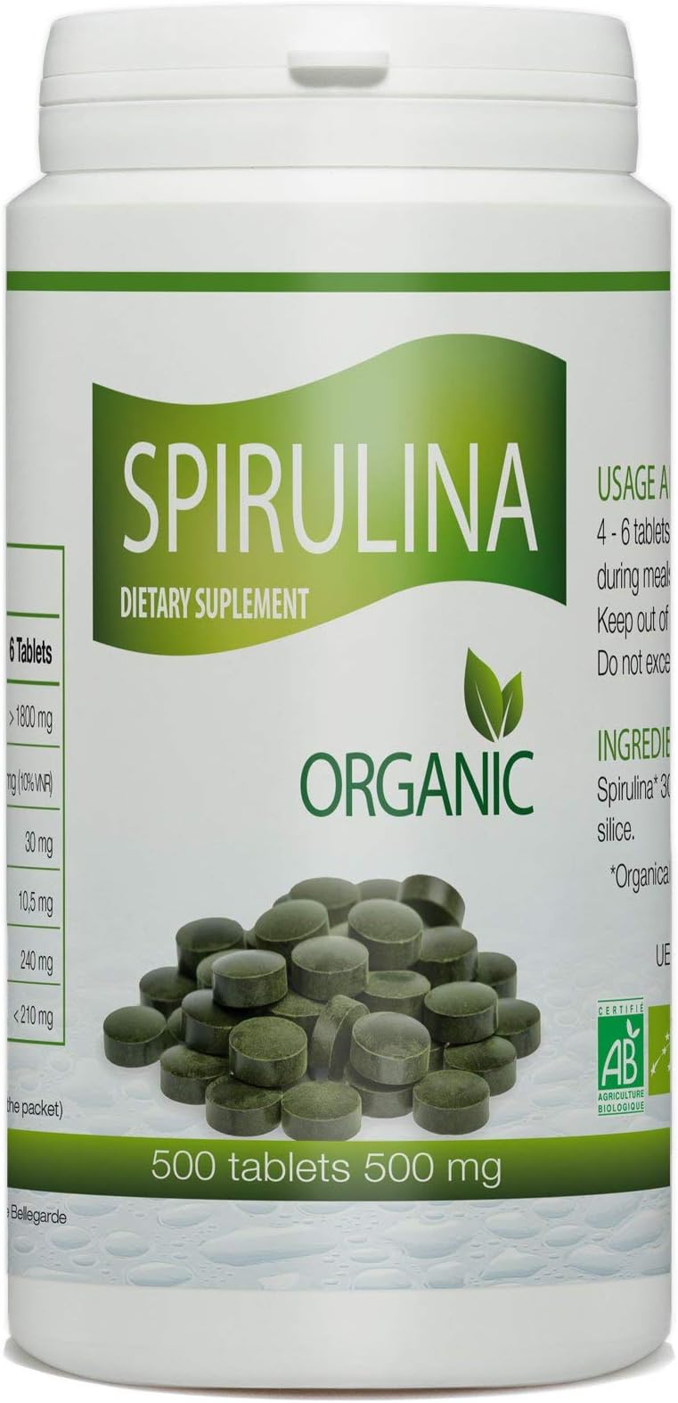 Organic Spirulina - 500 mg per tablet - 500 Tablets