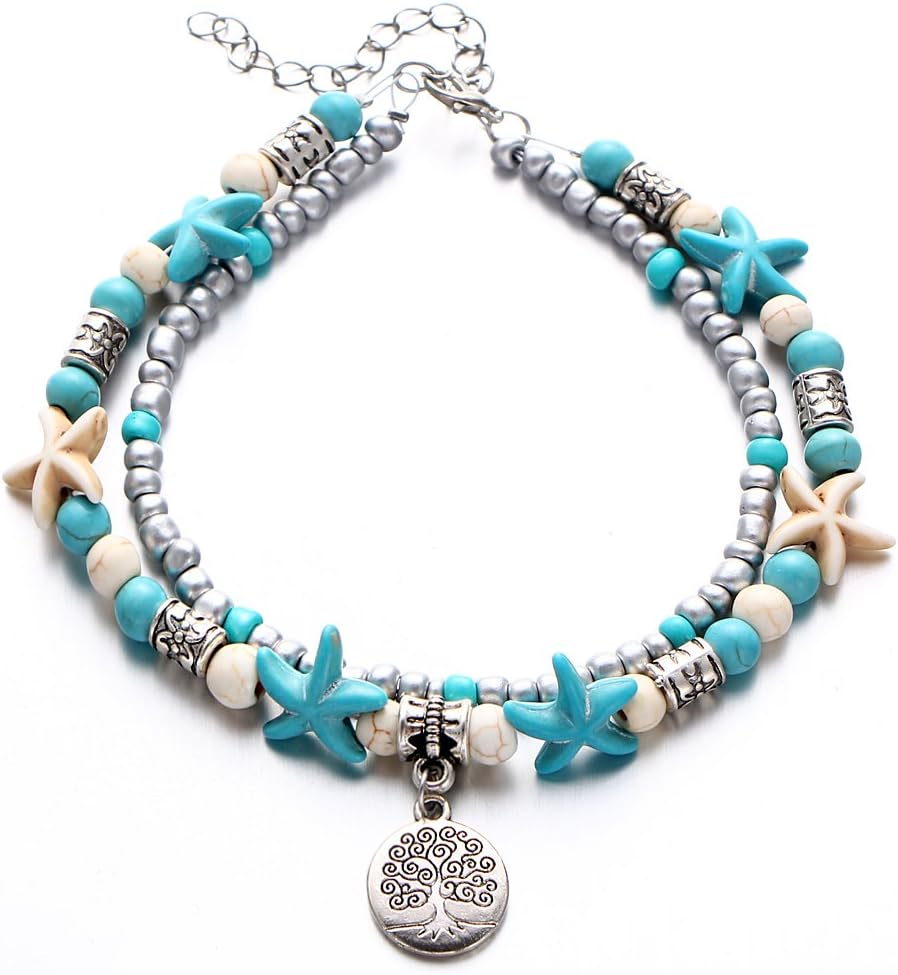 Starfish Turtle Tree of Life Anklets Multiple Layered Boho Gold Chain Anklet Heart Beach Rhinestone Turquoise Stone Charm Anklet