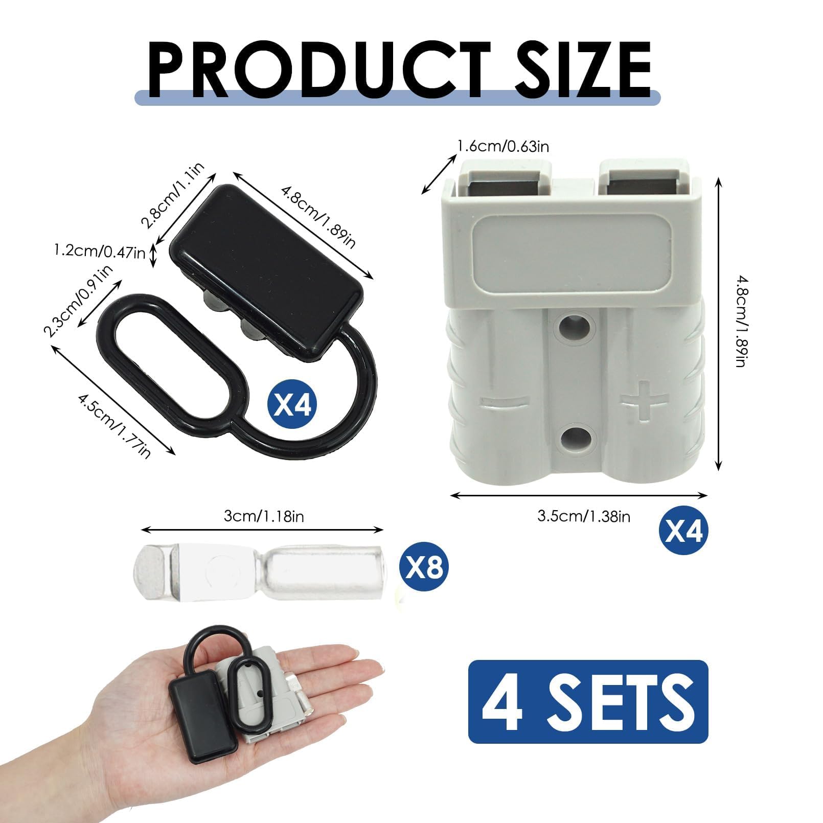 4PCS Connettori di Alimentazione 50A 600V, Connettore per Batteria Connessione Rapidam, mit Capicorda Elettrici, Spinotti Elettrici, per Auto, Rimorchio, Trailer, Verricello (grigio)