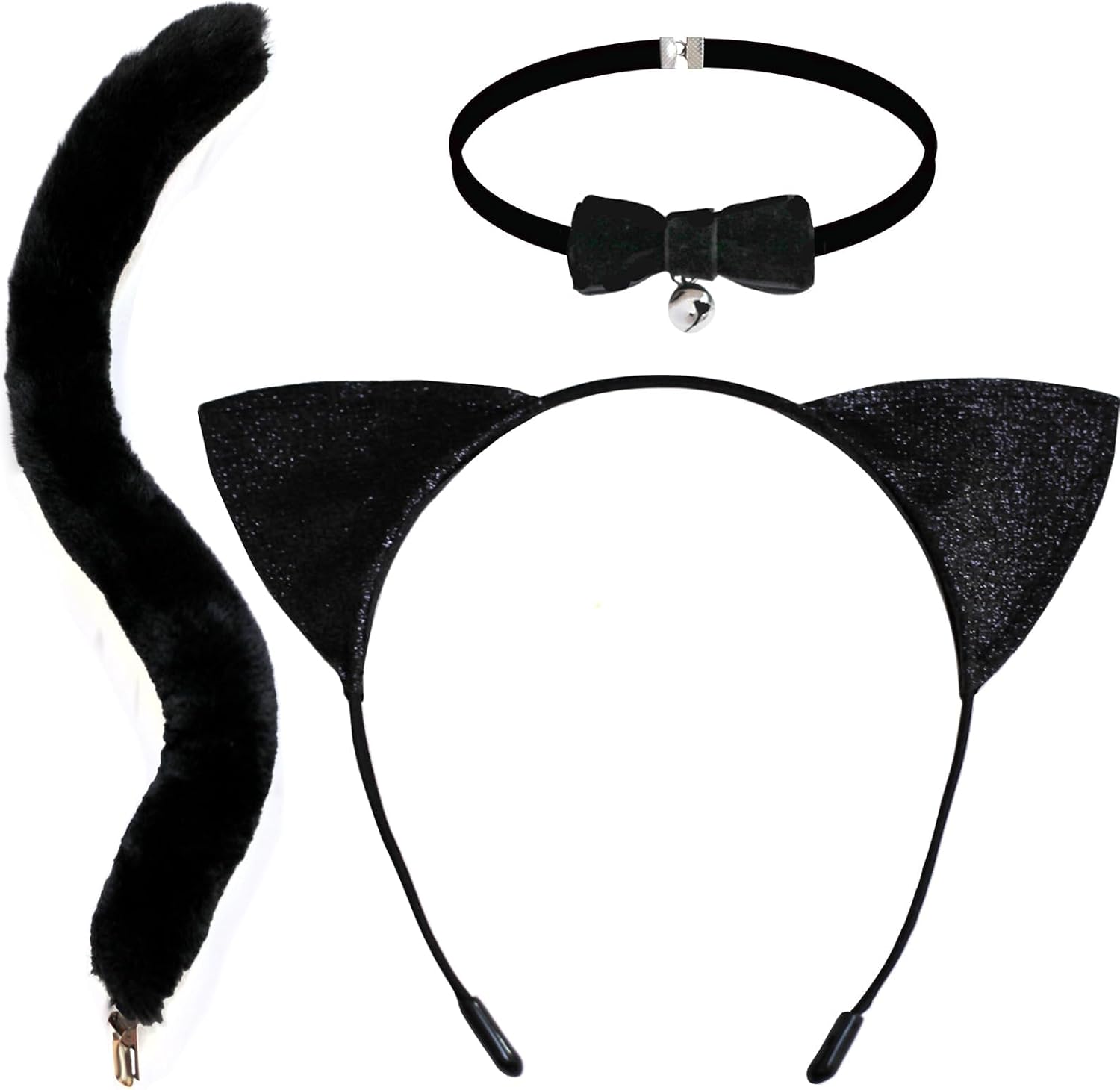 3 Pcs Halloween Cat Costume Accessories Cat Ears Headband Bell Collar and Tail Set for Halloween Party Cosplay Costumes Set