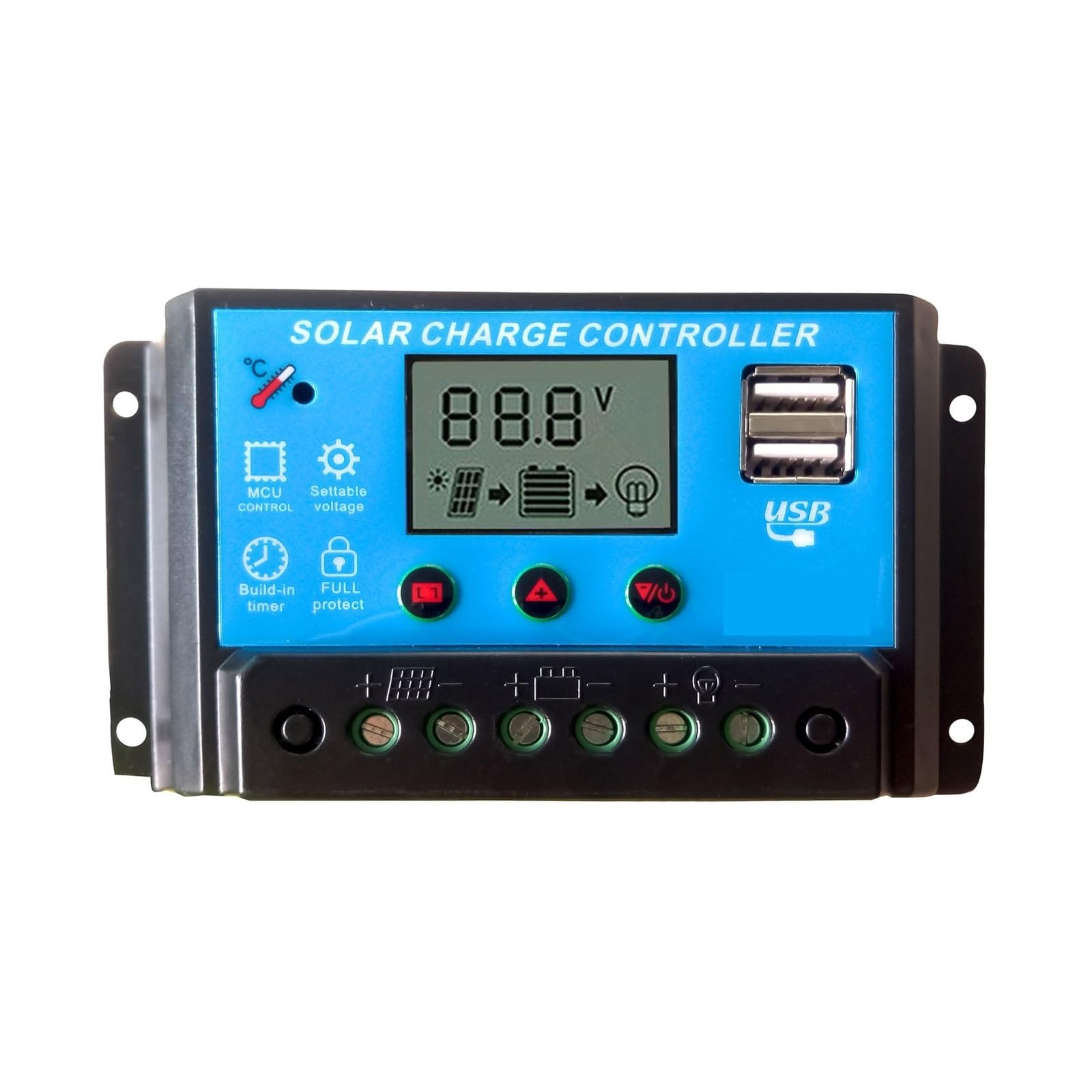 CUDTAPI 20 Amp Intelligent Solar Charging Controller With LCD Display And USB Sockets, 12/24V Straight Lights(Onecolor)