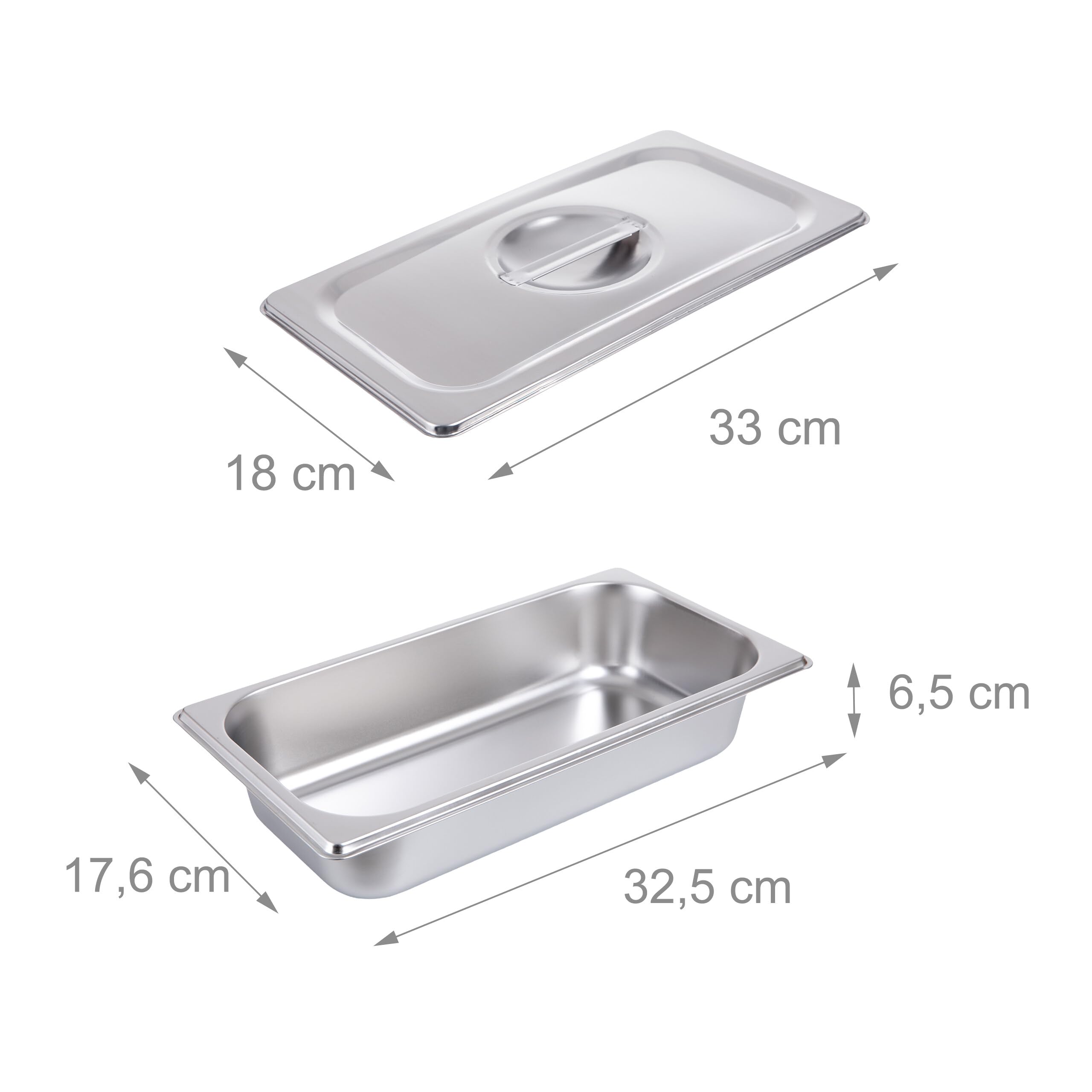 Relaxdays Set 3 contenitori Gastronorm GN 1/3 in Acciaio Inox con Coperchio, 6,5x32,5x17,6 cm, Argento