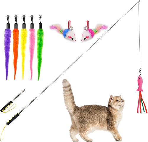 Juguetes de varita para gatos, juguetes interactivos para gatos de interior, 2 varitas retráctiles para gatos, 8 piezas de juguetes de peluche para