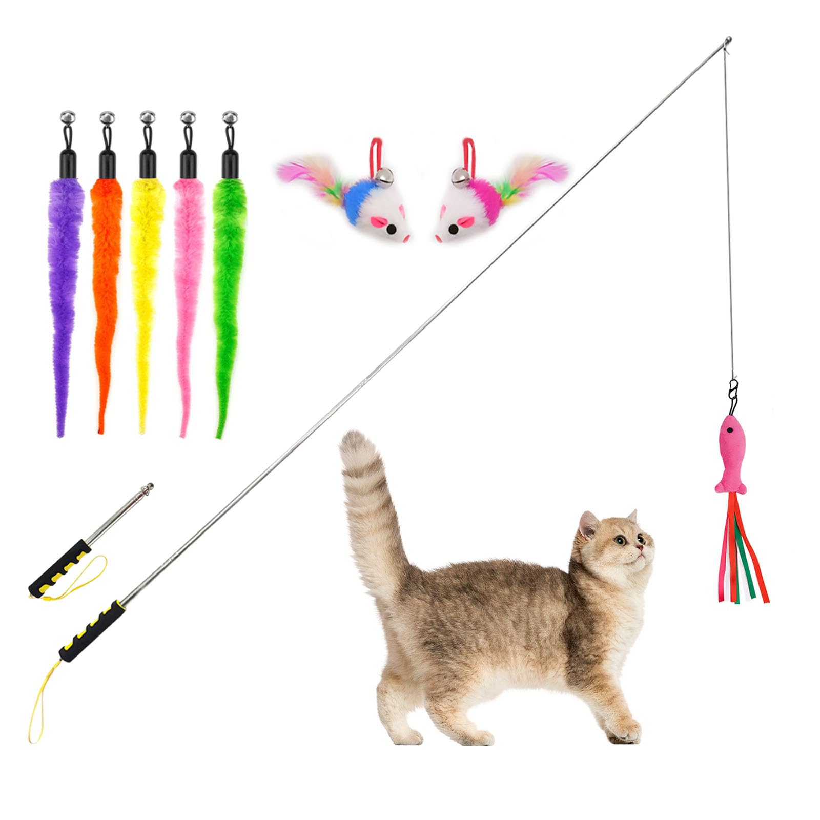 OBCLEUAEN Cat Wand Toys,Cat Toys Interactive for Indoor Cats, 2 Retractable Cat Wand,8 Pcs Plush Cat Teaser Toys Refills for Indoor Cats to Chase and Exercise