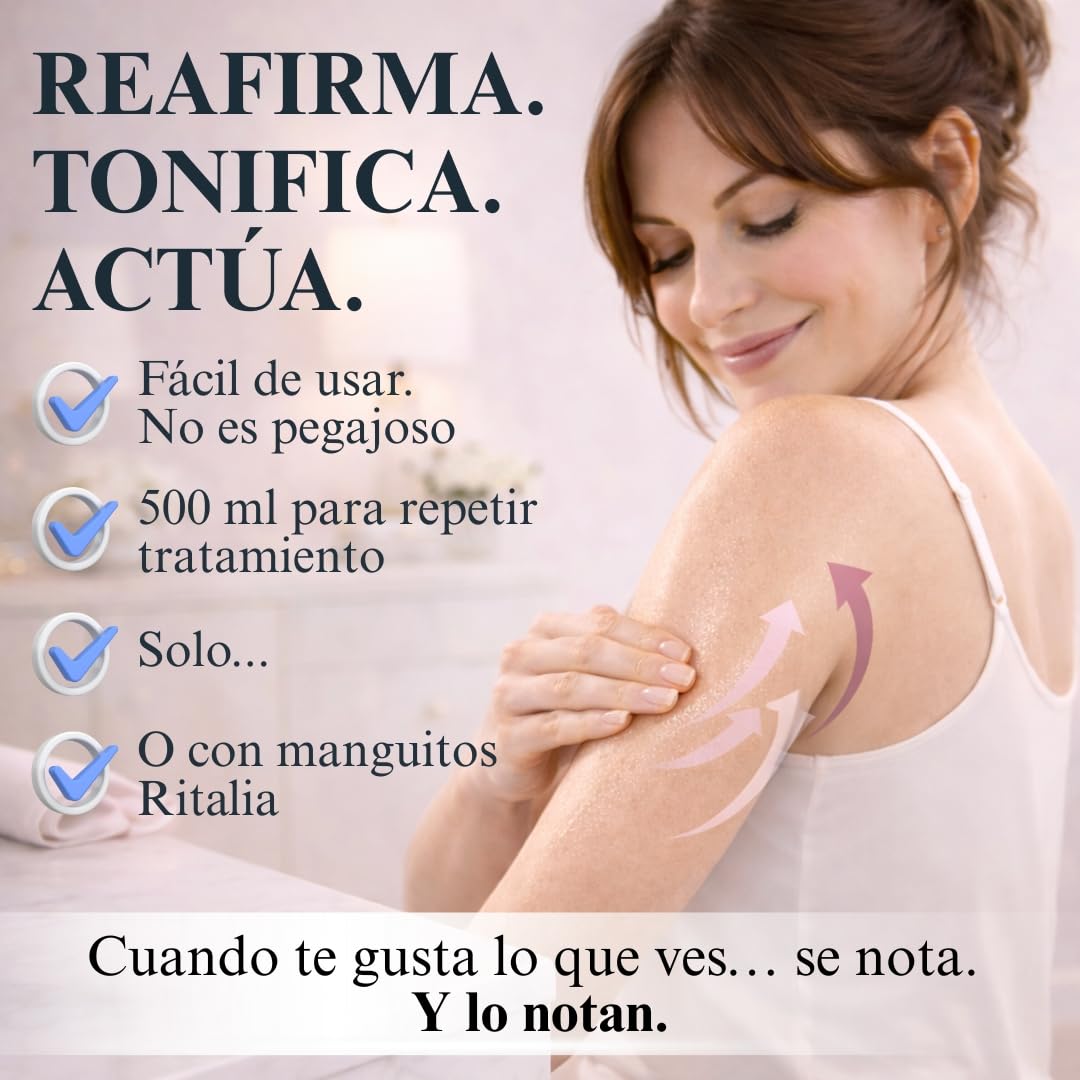 RITALIA Tratamiento Reafirmante Brazos 500 ml – Sérum para Flacidez y Brazos Flácidos con Peptidos y Ginkgo – 12 Aplicaciones – Compatible con Manguitos – Made in Italy