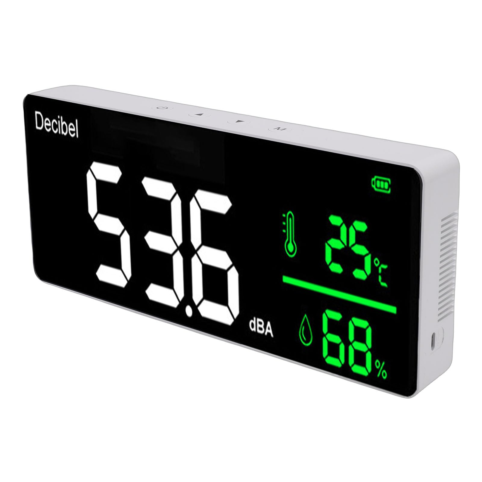 Medidor de nivel de sonido de alta precisión para colgar en la pared, 30-130 dB, pantalla LED de 11 pulgadas, medidor de temperatura de ruido y humedad para aulas, obras