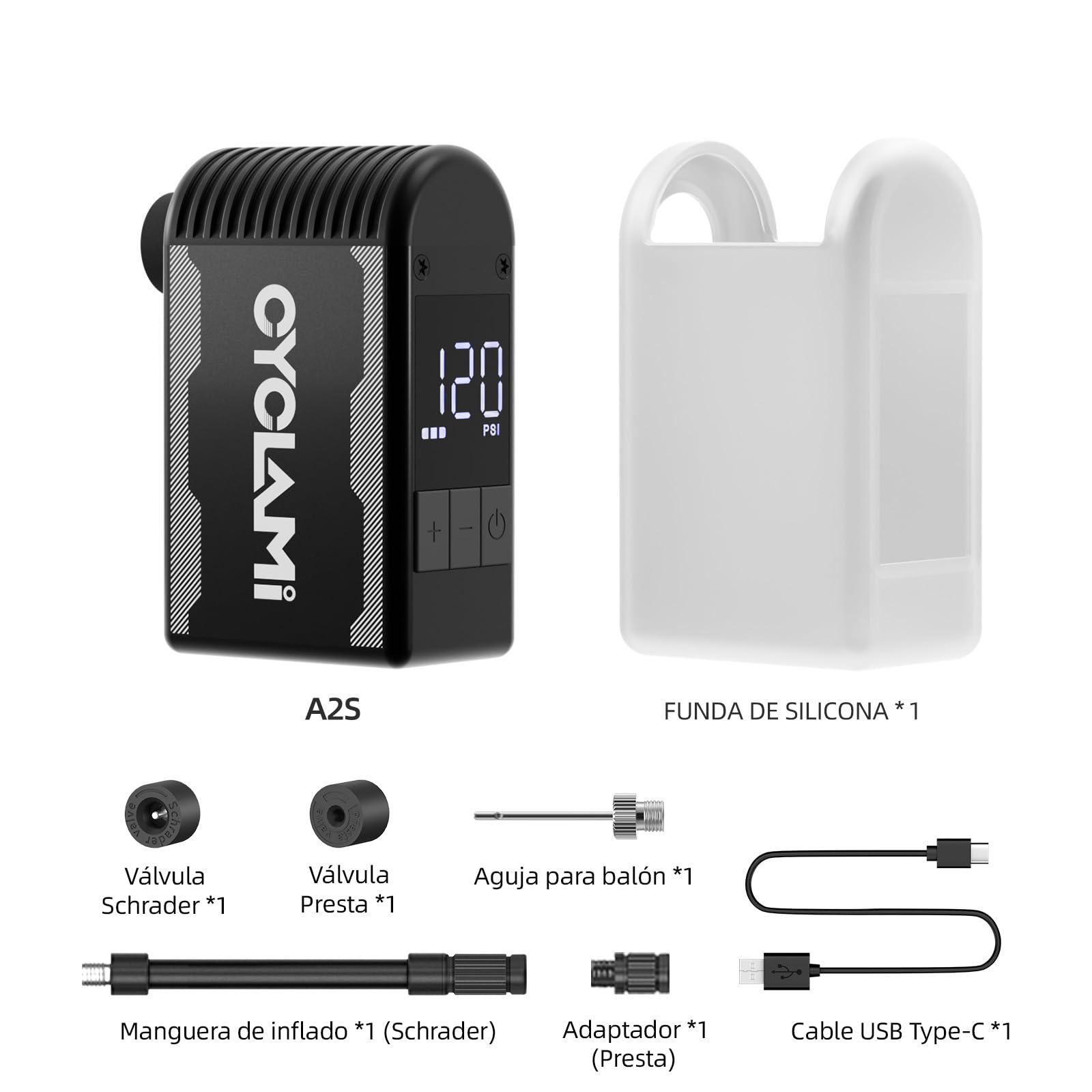 A2S Bomba de Bicicleta 120PSI Mini Eléctrico de la Bicicleta con Manómetro Digital Bomba Portátil Parada Automática con Válvulas Presta y Schrader para Bicicletas de Carretera y de Montaña