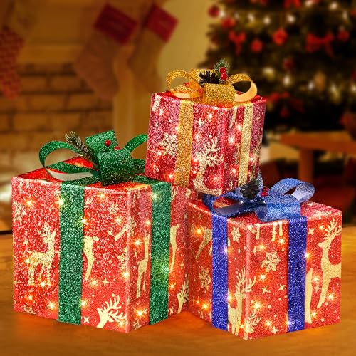 Set of 3 Christmas Lighted Gift Boxes LED Light up Present Boxes Christmas Ornaments Decorations for Xmas Tree Holiday Home Decor Indoor Outdoor Red Reindeer YOFOVI